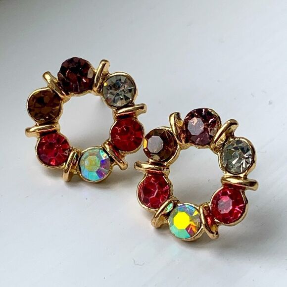 Round Aurora Borealis Faux Amethyst Topaz Crystal Stud Earrings Men’s  NEW - Picture 8 of 10